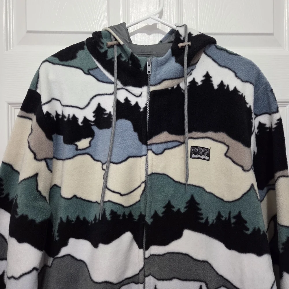 Free Nature Mountain Pattern Full Zip up Polar Fleece Hooded Jacket Size Large